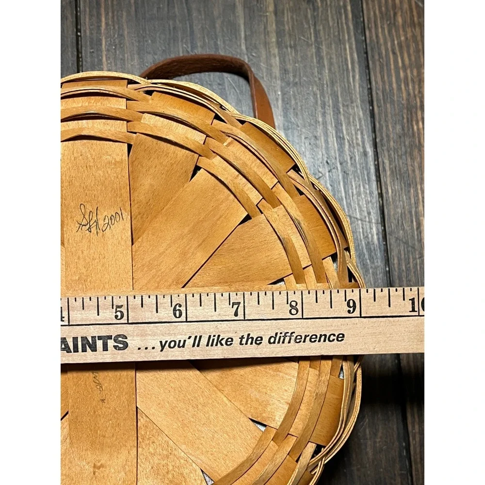 Longaberger Woven Round Basket with Leather Handles and Fruit Pattern Liner